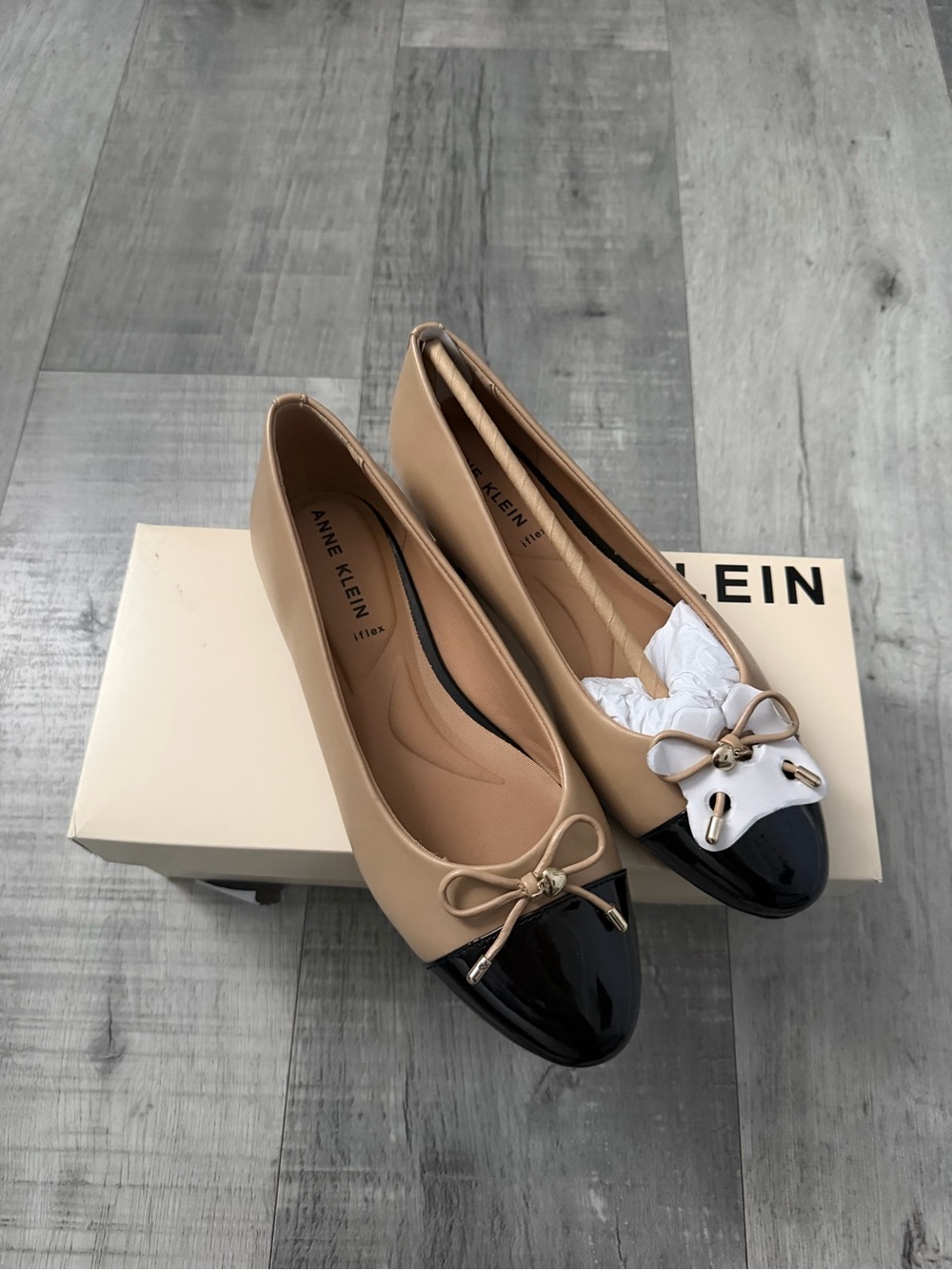 Anne Klein Taupe and Black Cap-Toe Ballet Flats